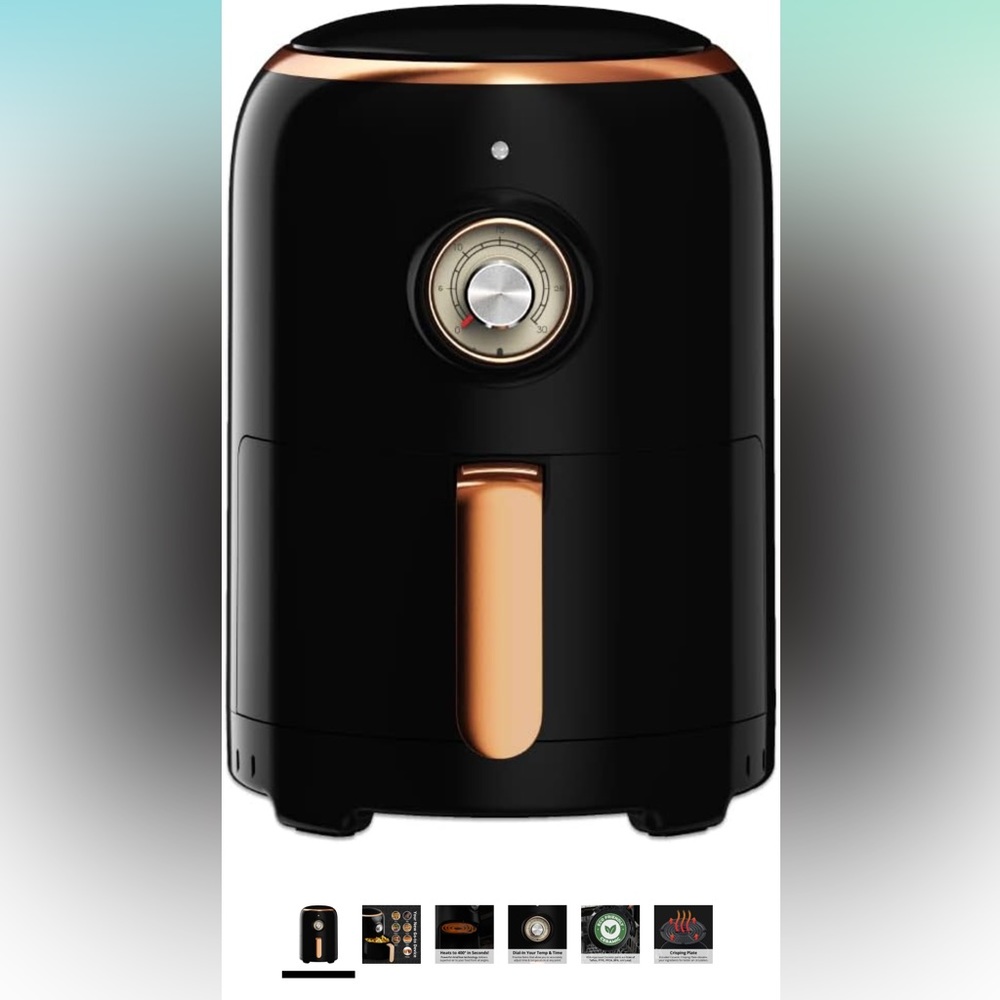 Aria Premium 2 Qt. Retro Style Ceramic Air Fryer, Black/Stainless Trim